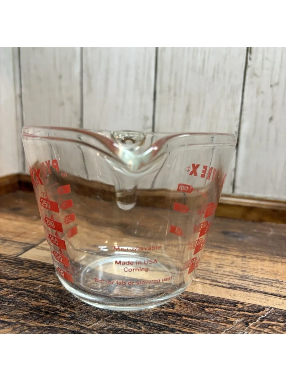 Vintage PYREX One Cup/250ml Measuring Cup Clear Glass Red Lettering J18 USA